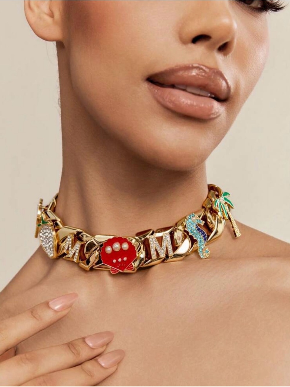 Gold Chunky Chain Tropical Charm Statement Necklace